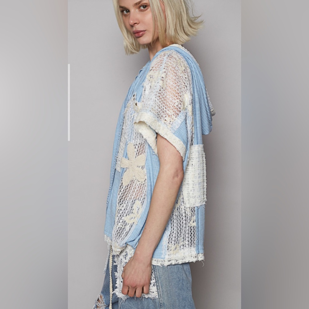 POL V-neck hoodie, relaxed fit top lace embroidered Various sizes BLUE - Picture 6 of 9